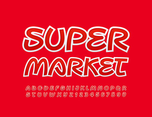 Vector promo banner Super Market. Playful Red and White Font. Bright sticker Alphabet Letters and Numbers.