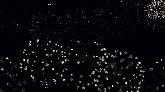 Brightly fantastic firework display on dark sky. New Year, Anniversary, 4th independence, Celebration
