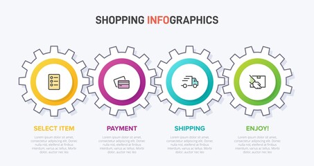Concept of shopping process with 4 successive steps. Four colorful graphic elements. Timeline design for brochure, presentation, web site. Infographic design layout.