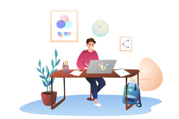 A young guy works at home using a graphics tablet. Work as a designer, remote work. Cozy modern office at home.