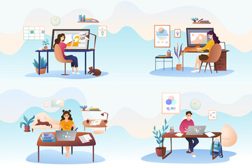 Set of illustrations by modern designers. Remote work as a graphic illustrator, remote work at home. Young girls and a guy draw on large screens of graphic tablets.