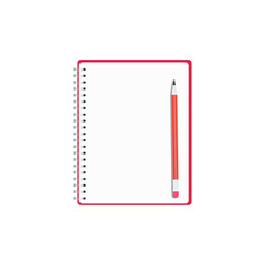 A notebook with an open page in white and a simple pencil with an eraser. Blank blank sheet of paper, space for text and writing, to-do list. Vector illustration, flat cartoon color design, isolated.