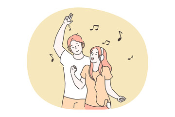 Music, fun, singing, dancing, entertainment concept. Young smiling happy boy and girl teens cartoon characters listening to favourite music in headphones, enjoying and having fun together 