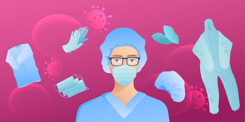 Young girl doctor with glasses and a protective mask. Personal protective equipment. Disposable overalls, shoe covers, gloves. Defeat the pandemic worldwide.