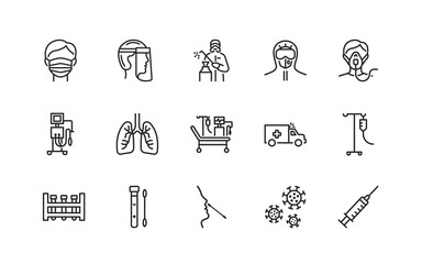 Covid-19 protection and medical test to detect it. Flat line icons set. Vector illustration included artificial lung ventilation, on faces in ppe. Editable strokes.