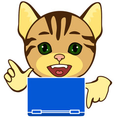 emoji with cat that is pressing a notebook keyboard button with finger, simple colored vector emoticon