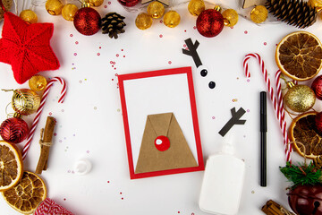 DIY step-by-step instructions for a Christmas card with children. Christmas deer on a postcard made...