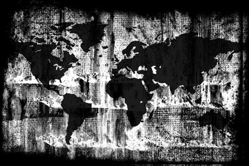 Grunge antique world map on old grungy wall. Scratch surface. Black and white illustration	