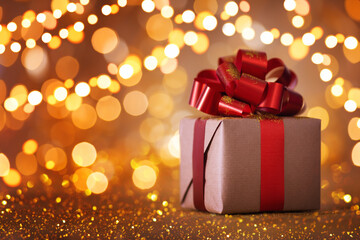 Christmas or Birthday gift box with red ribbon against garland from golden lights and bokeh...
