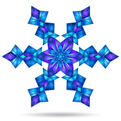 Illustration in the stained glass style with an openwork snowflake, isolated on a white background