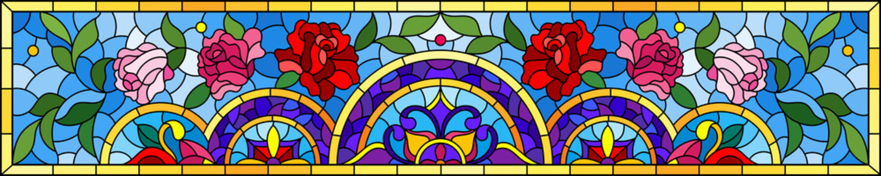 Illustration in the stained glass style with an abstract flower arrangement on a light blue background, horizontal image