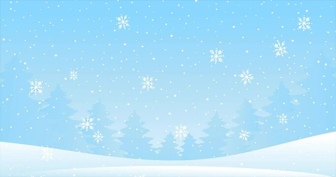 Cartoon background for Christmas and New Year. Cartoon 2D Animation 4k video footage. Seamless video looping. Cartoon animation, motion design, winter landscape, falling snow, snowflakes, copy space