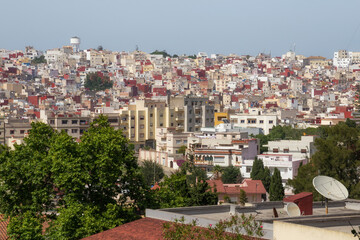 Aerial view of the Medina old buildings in the historical part of Tangier in sunny day. Morocco.