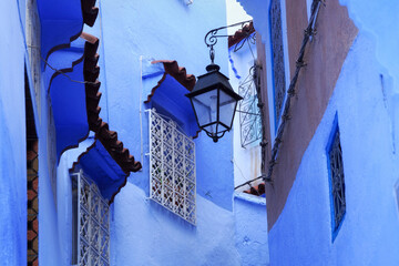 View of the streetlight of Medina quarter in Chefchaouen, Morocco. The city, also known as Chaouen...