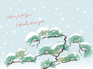 Happy Holidays greeting on Japanese traditional retro style illustration of pine tree and snow pattern vector background