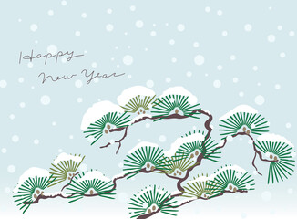 Happy new year greeting on Japanese traditional retro style illustration of pine tree and snow pattern vector background