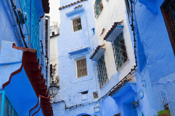 View of the blue walls of Medina quarter in Chefchaouen, Morocco. The city, also known as Chaouen...
