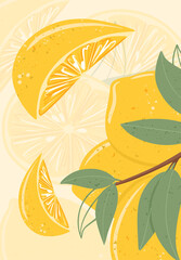 Fresh textured lemon fruits on branch with leaves vector hand drawn card design.
