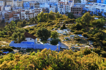 View of the old cemetery in Chefchaouen, Morocco. The city, also known as Chaouen is noted for its buildings in shades of blue and that makes Chefchaouen very attractive to visitors.