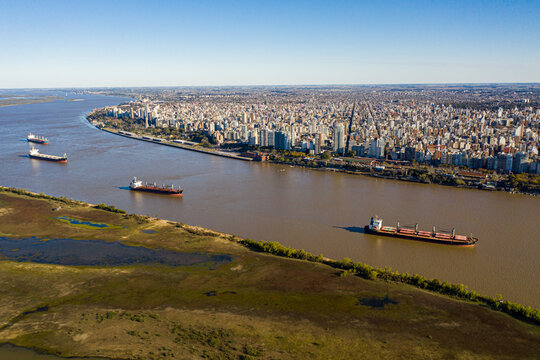 Aerial shot over Parana River in Front of Rosario City