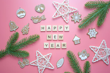 Happy new year text, on pink background