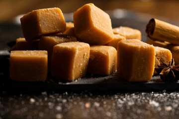 Delicious salted caramel fudge candy pieces.