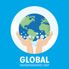 global handwashing day campaign with hands lifting earth planet and foam