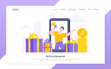 Refer a friend flat style design vector illustration business concept. Man with megaphone stands in the pc monitor and shout out to the people web template.