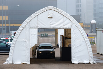 Mobile testing station tent, hot spot for swab test during Coronavirus or COVID19 outbreak with...