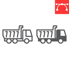 Tipper truck line and glyph icon, construction and industry, truck sign vector graphics, editable stroke linear icon, eps 10.
