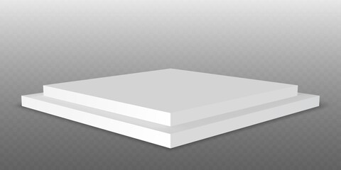 White podium. Pedestal platform or showroom stand. White studio stage platform