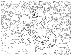 Smiling little fox with a bag of holiday gifts under snow-covered fir branches in a snowy winter forest, black and white outline vector cartoon illustration for a coloring book page
