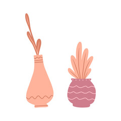 Set of two hand drawn colorful potted flowers isolated on a white background. Doodle, simple illustration. It can be used for decoration of textile, paper and other surfaces.