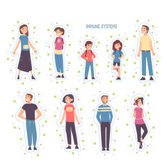 Fototapeta premium Cheerful People Protected from Bacterias, Viruses and Germs Set, Strong Immune System Concept Cartoon Style Vector Illustration