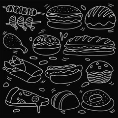 Set of hand drawn food isolated on black background, doodle set of fast food. Vector illustration