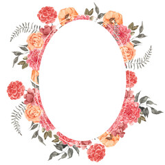 Watercolor frame with elegant flowers, leaves and abstract graphic shape, isolated on white background