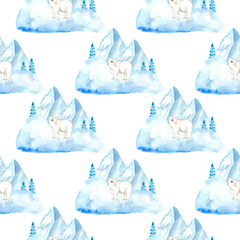 Watercolor seamless pattern of winter mountain landscape with polar bear. Perfect for printing, textile, web design, souvenirs and many other creative ideas.
