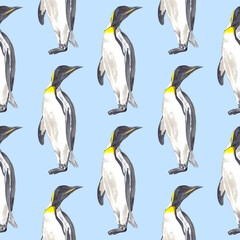 Emperor penguin watercolor seamless pattern. Perfect for printing, textile, web design, souvenirs and many other creative projects.