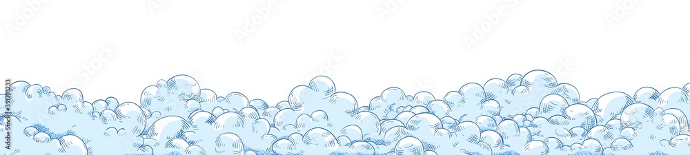 Poster hand drawn horizontal background with fluffy clouds. banner with soap foam or curly cumulus. natural