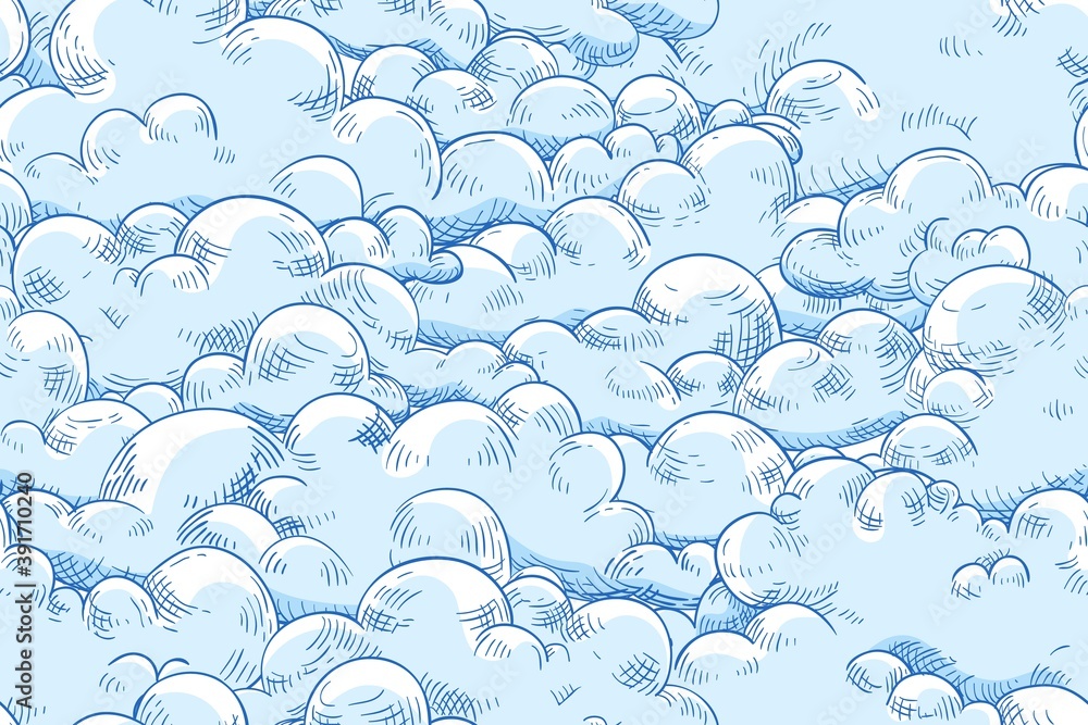 Poster Seamless pattern with fluffy clouds. Repetitive background with soap foam or curly cumulus for wrapping or textile. Vector hand drawn illustration of beautiful cloudscape