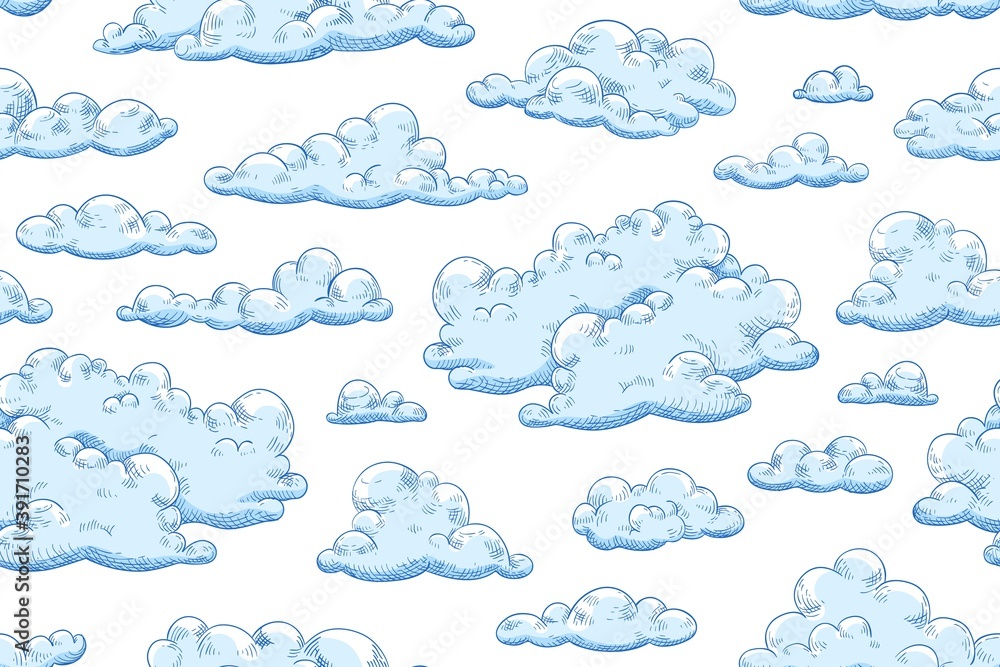 Aufkleber Seamless pattern with blue fluffy clouds. Hand drawn endless background with curly cumulus for wrapping or textile. Background with sky view. Vector illustration of cloudscape