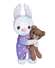 Watercolor hand drawn illustration, sketch, icon of cute cartoon bunny (rabbit, hare). Isolated on white background.