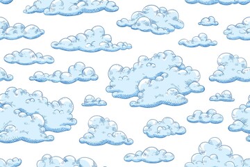 Seamless pattern with blue fluffy clouds. Hand drawn endless background with curly cumulus for wrapping or textile. Background with sky view. Vector illustration of cloudscape