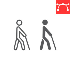 Blind man with walking stick line and glyph icon, disability and blindness, blind person sign vector graphics, editable stroke linear icon, eps 10.