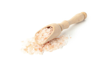 Wooden scoop with pink himalayan salt isolated on white background