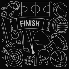 Set of hand drawn sport theme isolated on black background, doodle set of sport theme. Vector illustration