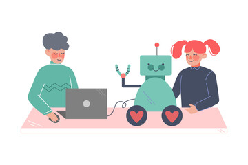 Children Assembling and Programming Robots, Boy and Girl Engineers Working on Future Technology Educational Project Cartoon Style Vector Illustration