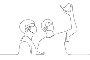 two friends in protective masks filming themselves on camera. one line drawing buddies (bloggers) vlog, live, broadcast online