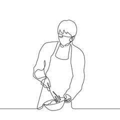 male chef is cooking with a mask on his face. one line drawing of a chef in a mask and wearing a frock-coat whisking eggs in a deep bowl