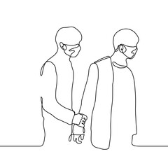 two men in masks, one of whom leaves and the other tries to hold him / detain him. one line drawing concept relationship breakup, quarrel, resentment, disappointment, parting